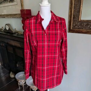 Talbots Wms 4 Collared Tunic Blouse RedPlaid Rhinestone Button Neckline FLAW 133